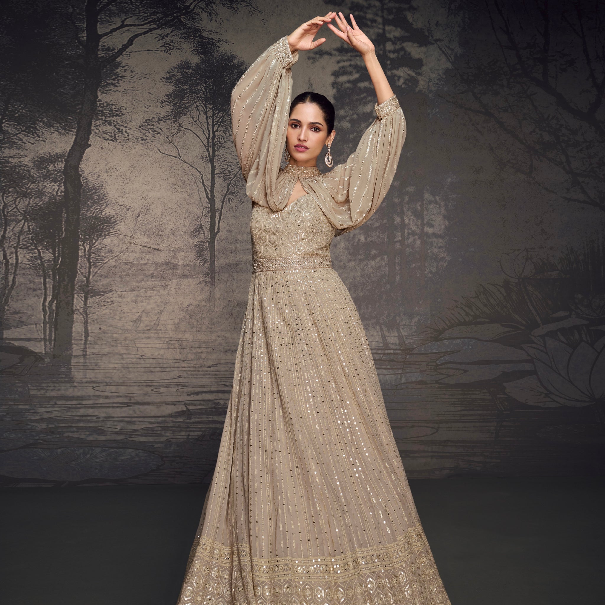 Champagne Gold Sequined Georgette Anarkali with Lucknowi Embroidery