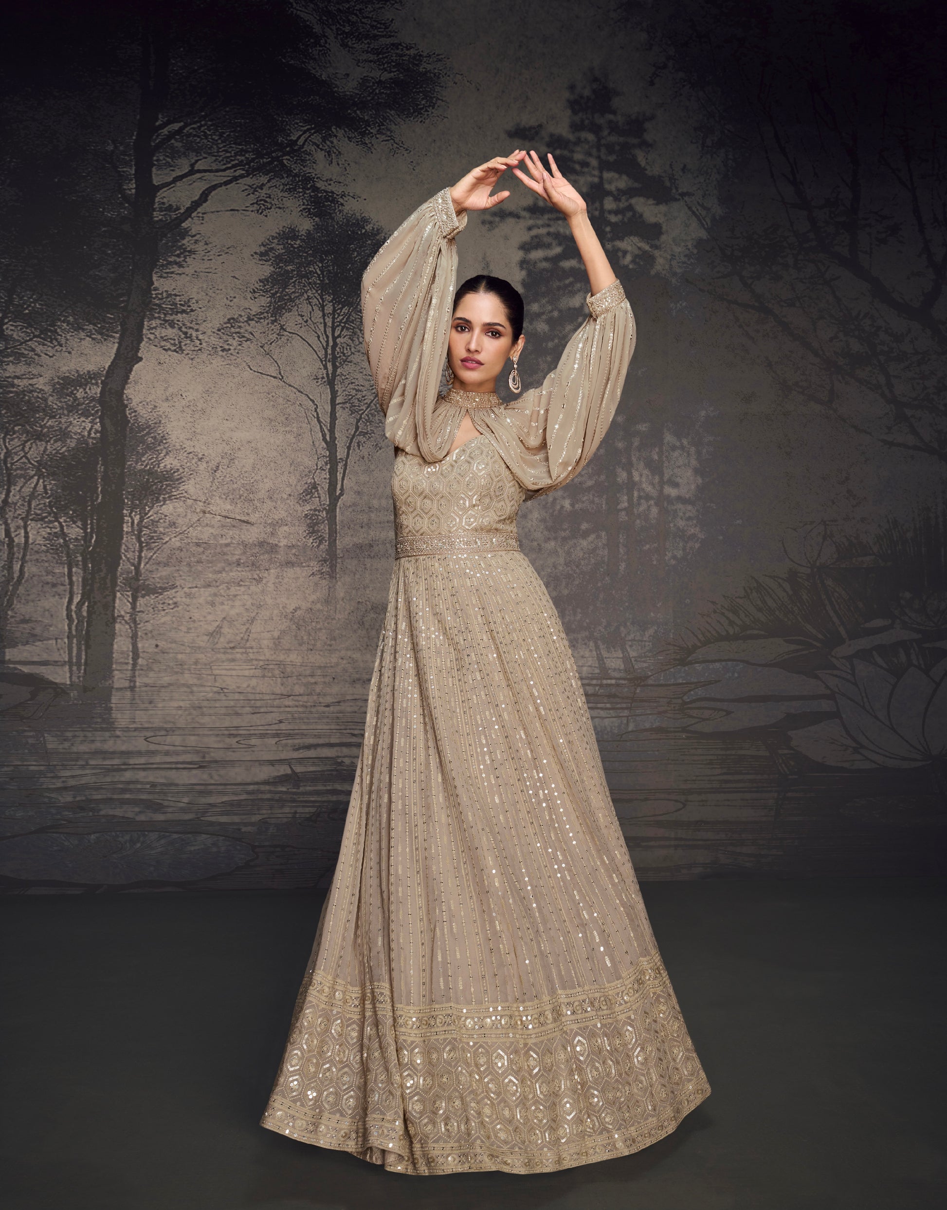 Champagne Gold Sequined Georgette Anarkali with Lucknowi Embroidery