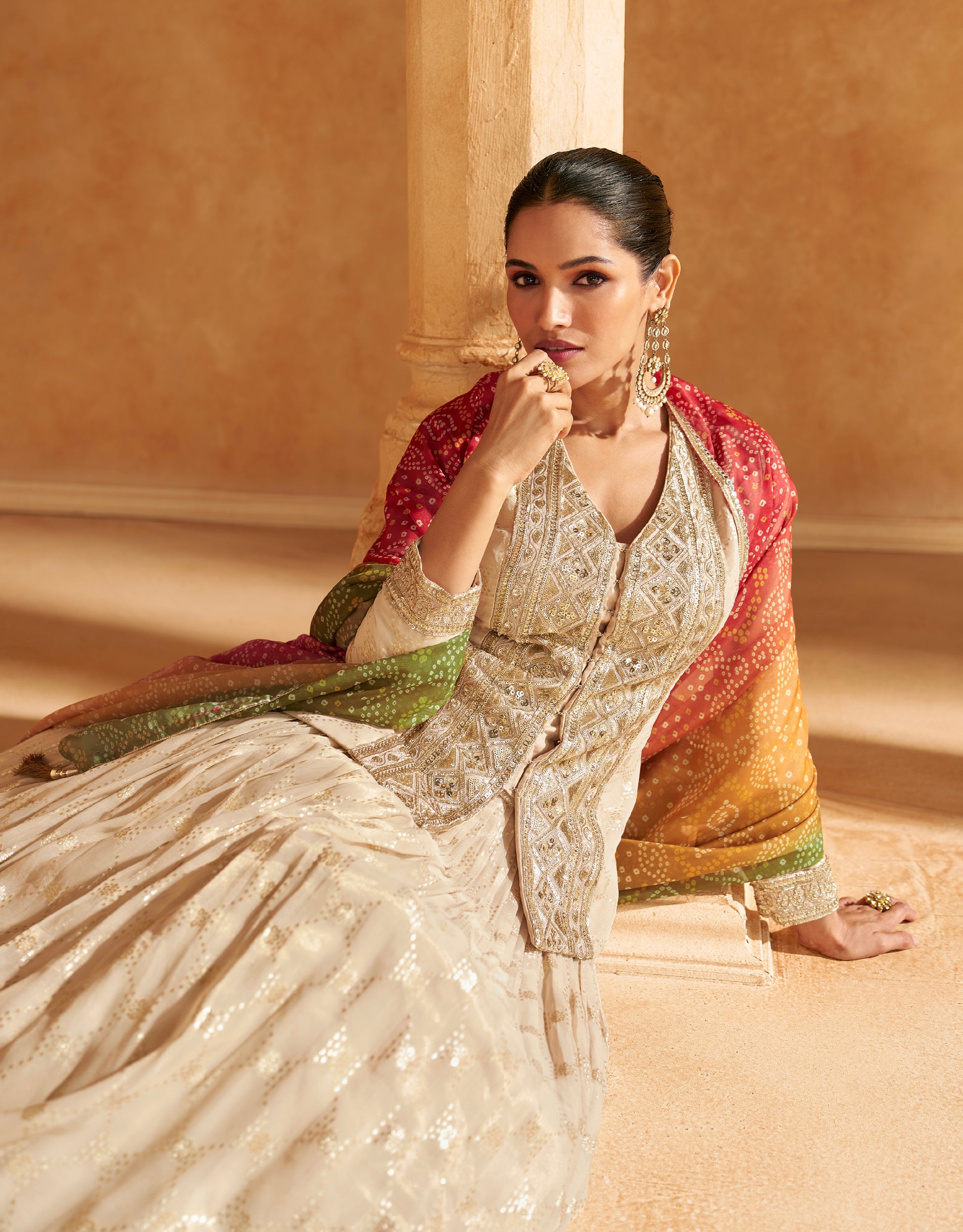 Beige Embroidered Jacquard Silk Anarkali with Colorful Dupatta