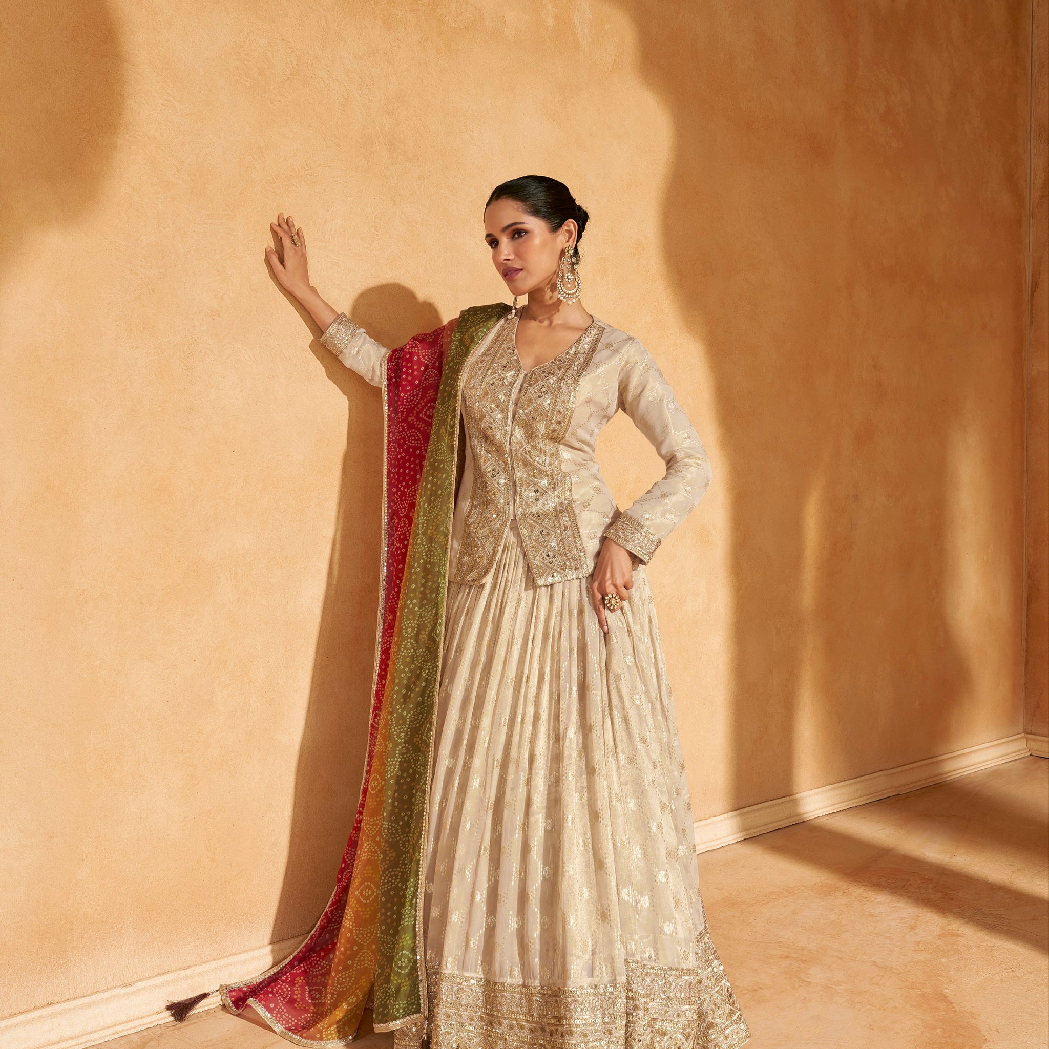 Beige Embroidered Jacquard Silk Anarkali with Colorful Dupatta