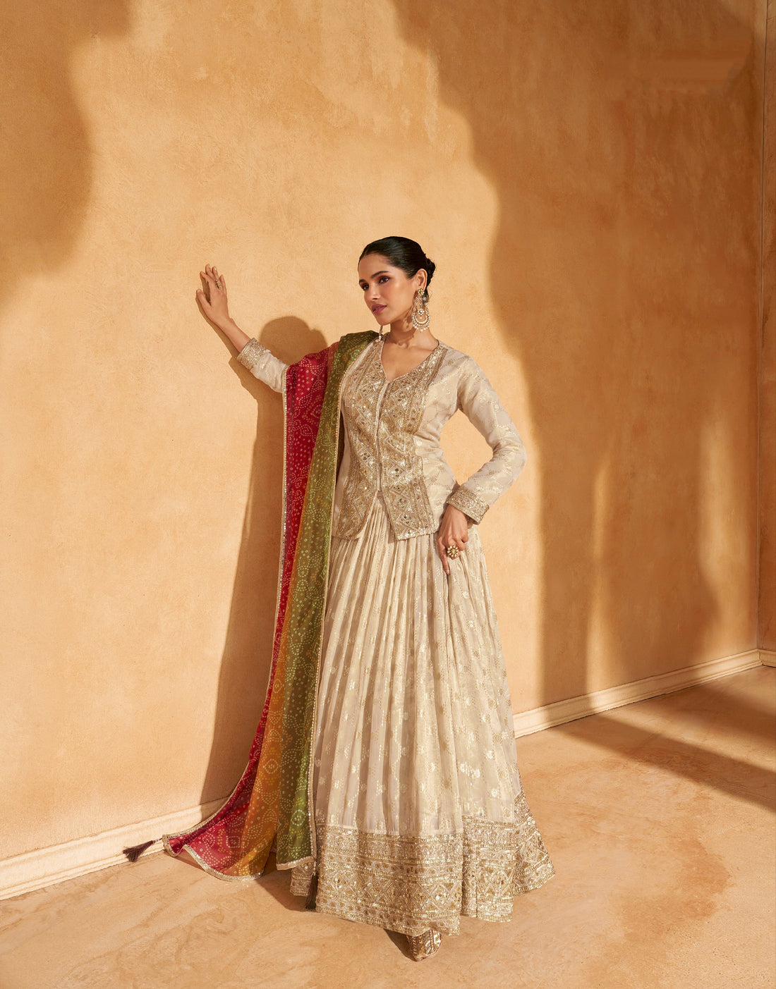 Beige Embroidered Jacquard Silk Anarkali with Colorful Dupatta