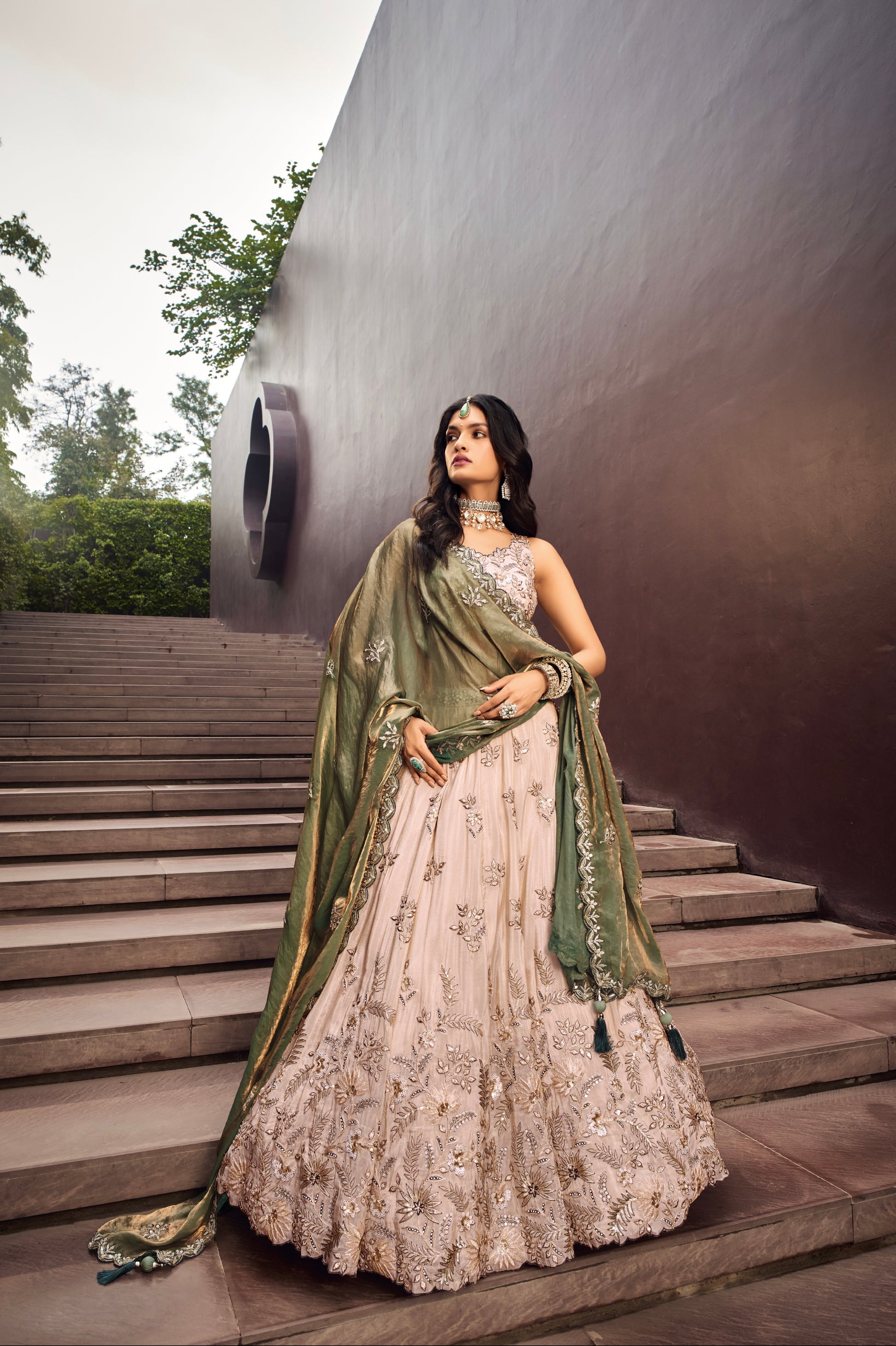 Cream and Green Viscose Embroidered Lehenga with Sequins Work