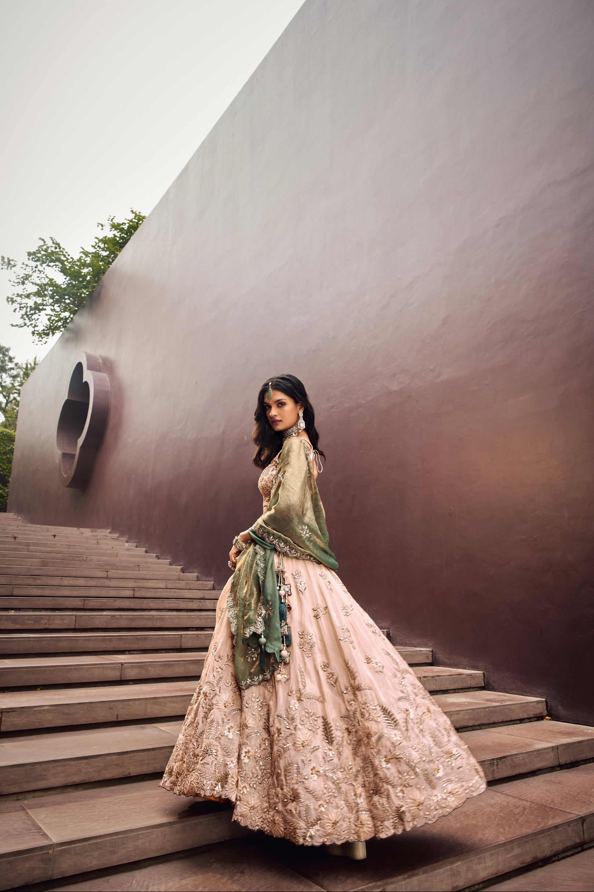 Cream and Green Viscose Embroidered Lehenga with Sequins Work