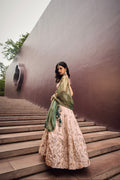 Cream and Green Viscose Embroidered Lehenga with Sequins Work