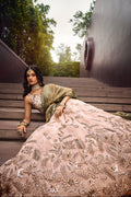 Cream and Green Viscose Embroidered Lehenga with Sequins Work