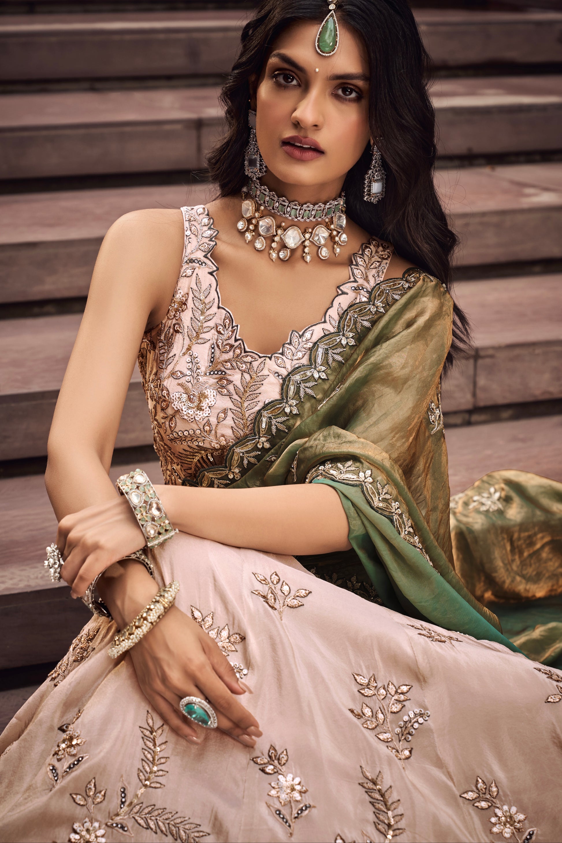 Cream and Green Viscose Embroidered Lehenga with Sequins Work