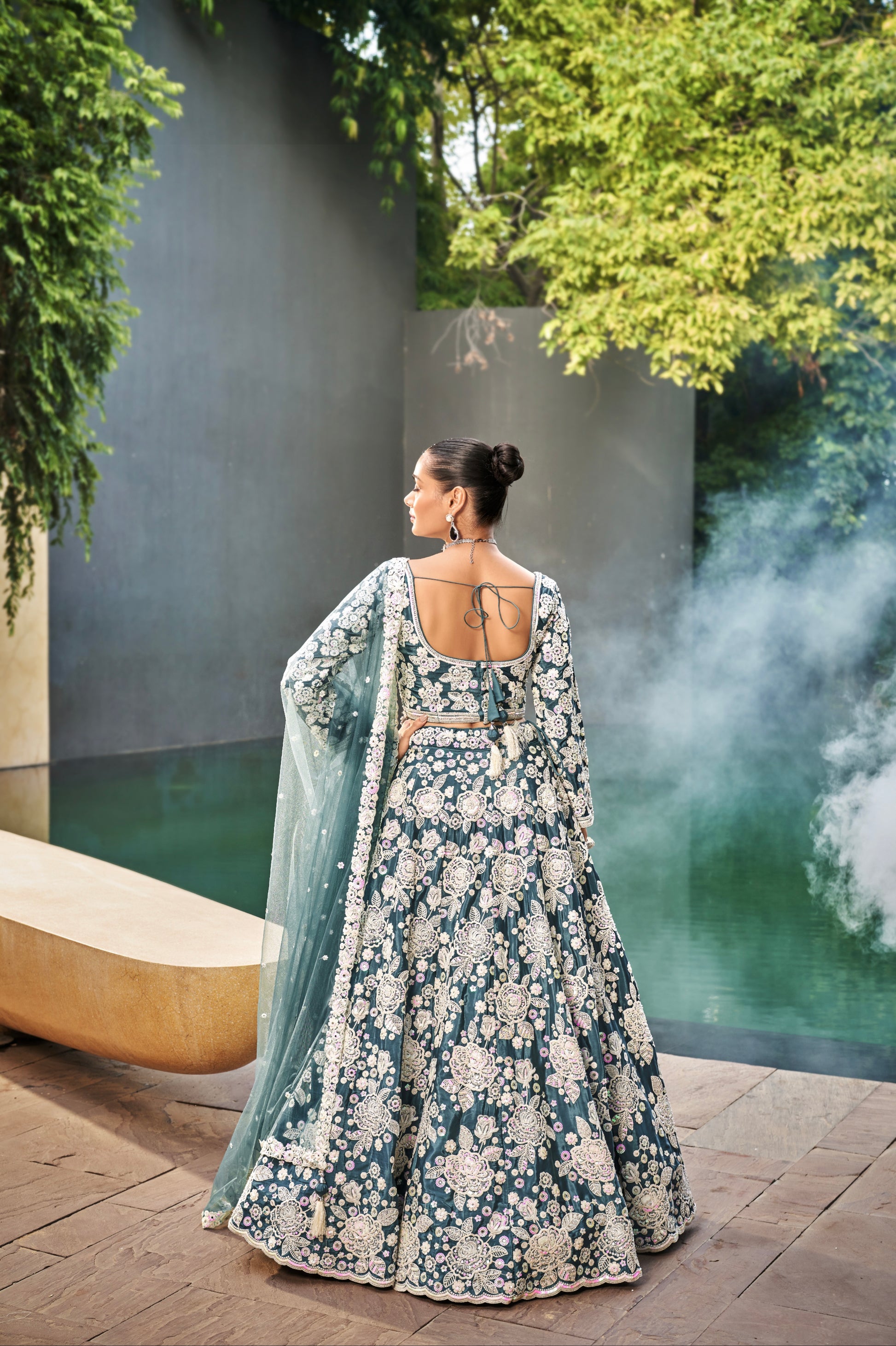 Teal Satin Bridal Lehenga with Exquisite Moti & Sequins Embroidery