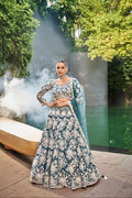 Teal Satin Bridal Lehenga with Exquisite Moti & Sequins Embroidery