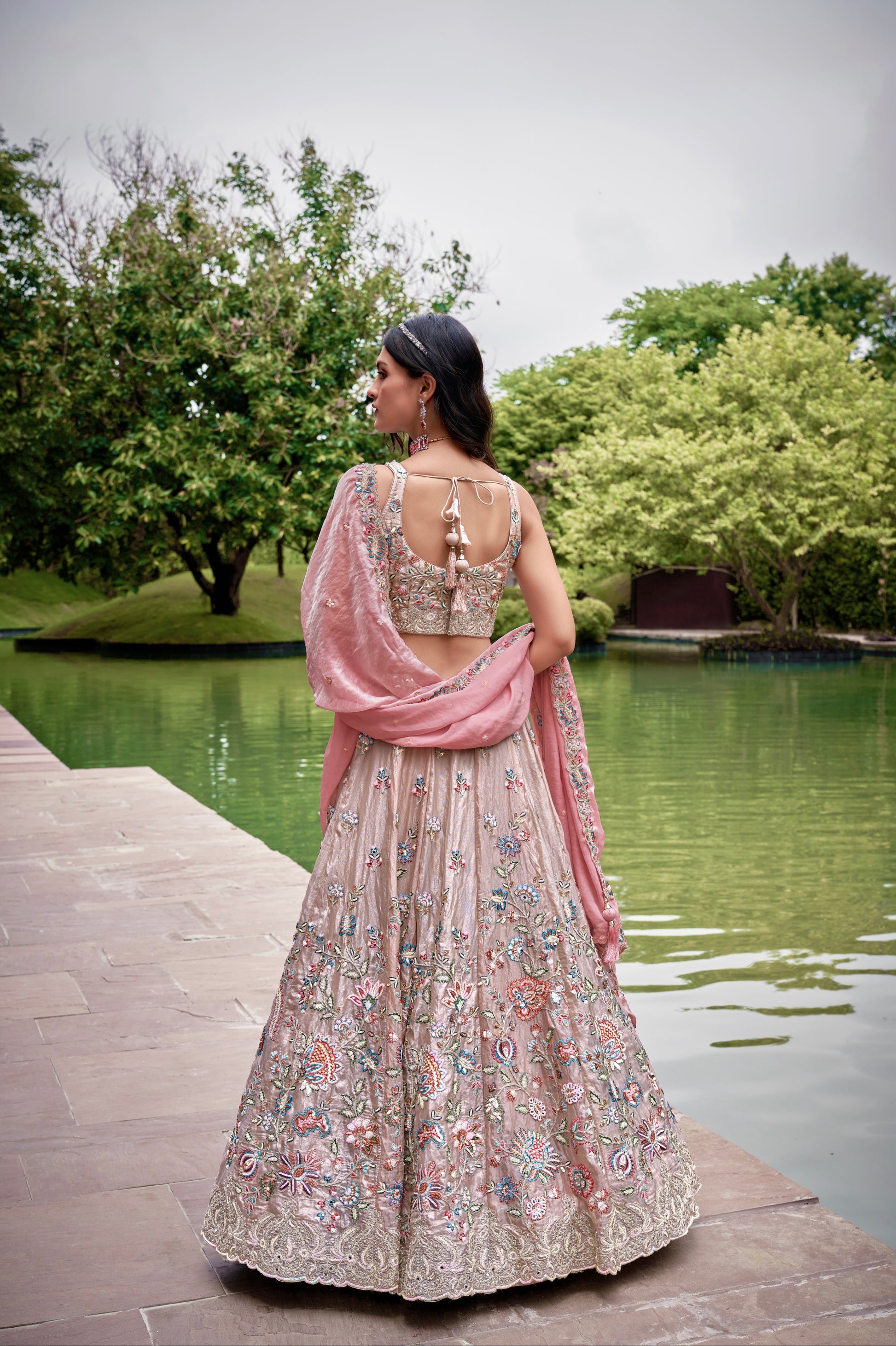 Rose Gold Organza Bridal Lehenga with Sequins & Heavy Embroidery