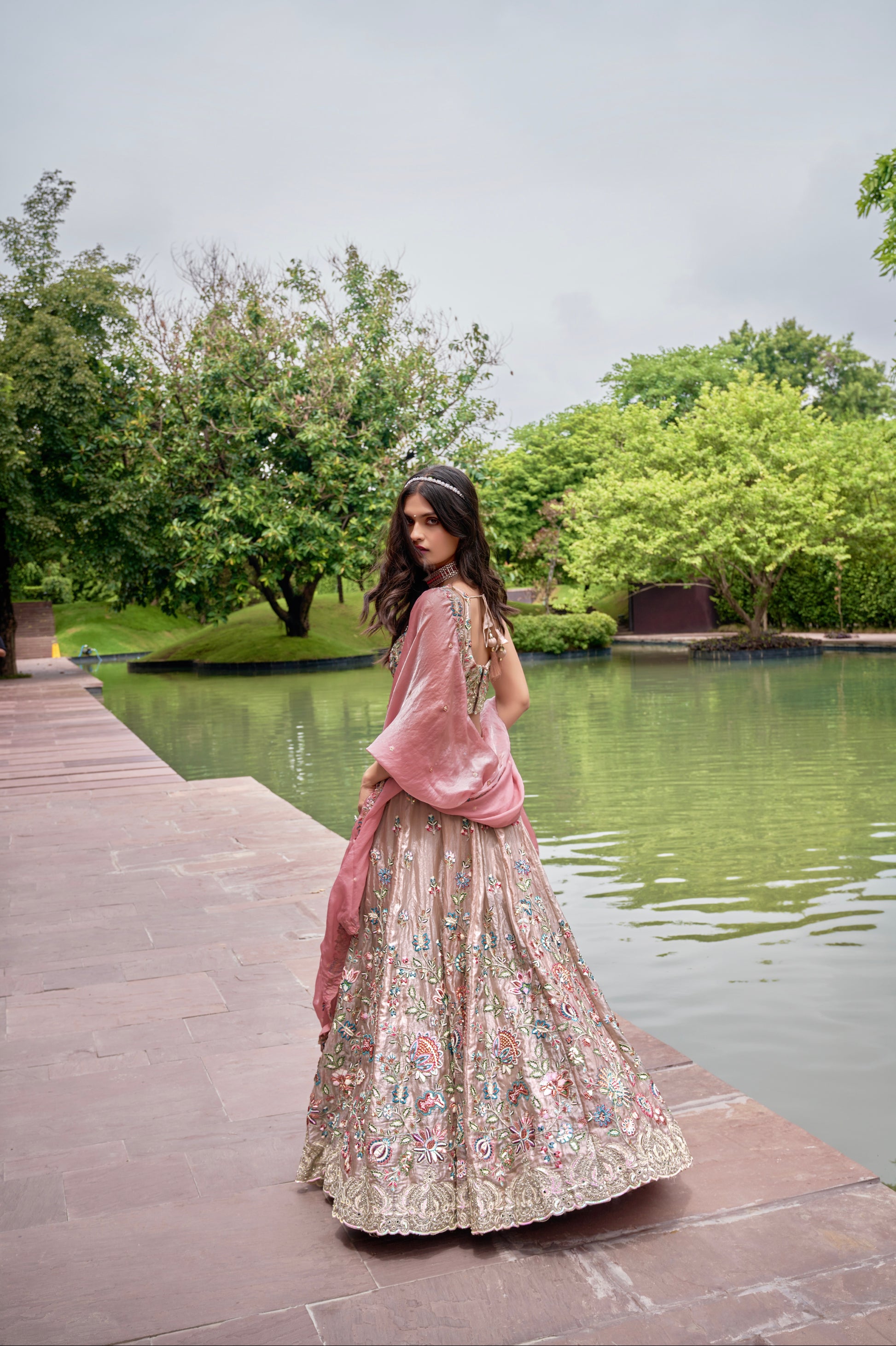 Rose Gold Organza Bridal Lehenga with Sequins & Heavy Embroidery