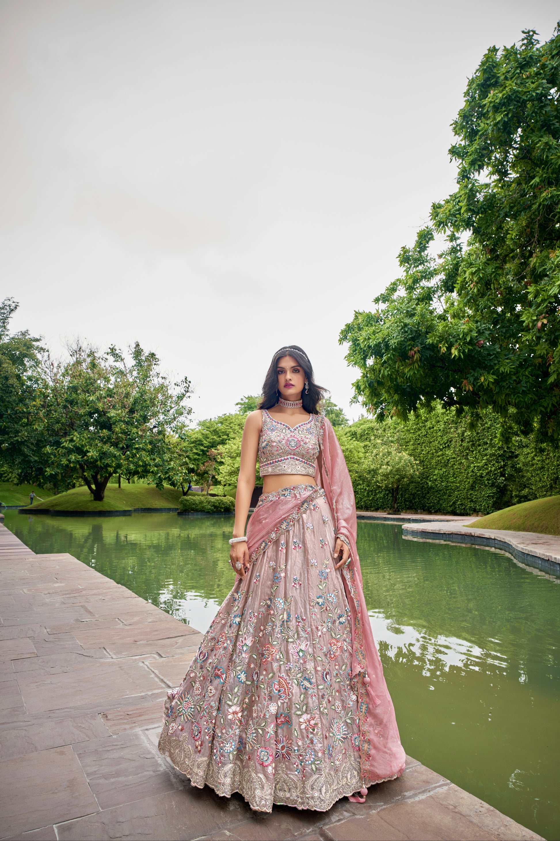 Rose Gold Organza Bridal Lehenga with Sequins & Heavy Embroidery