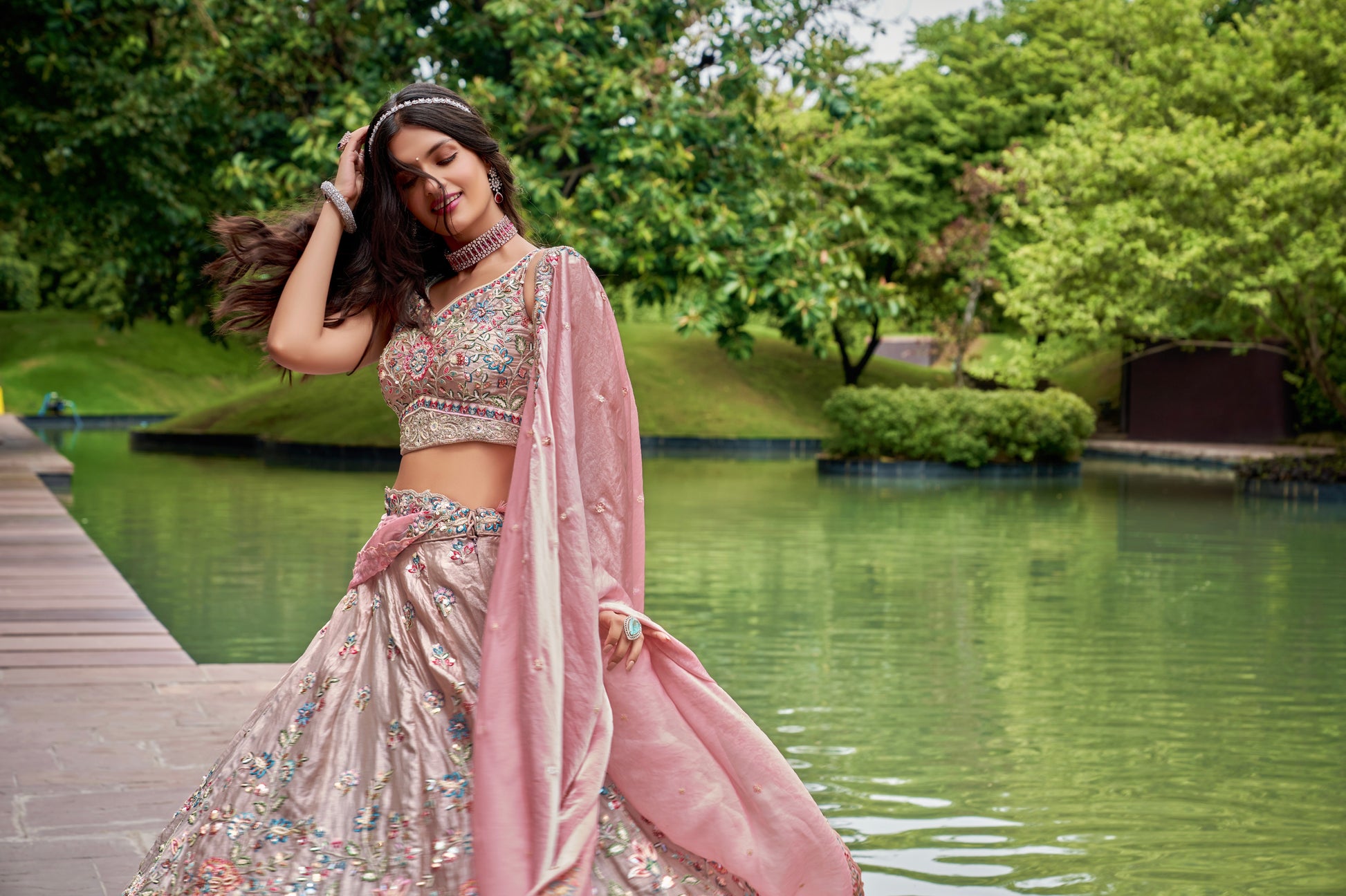 Rose Gold Organza Bridal Lehenga with Sequins & Heavy Embroidery