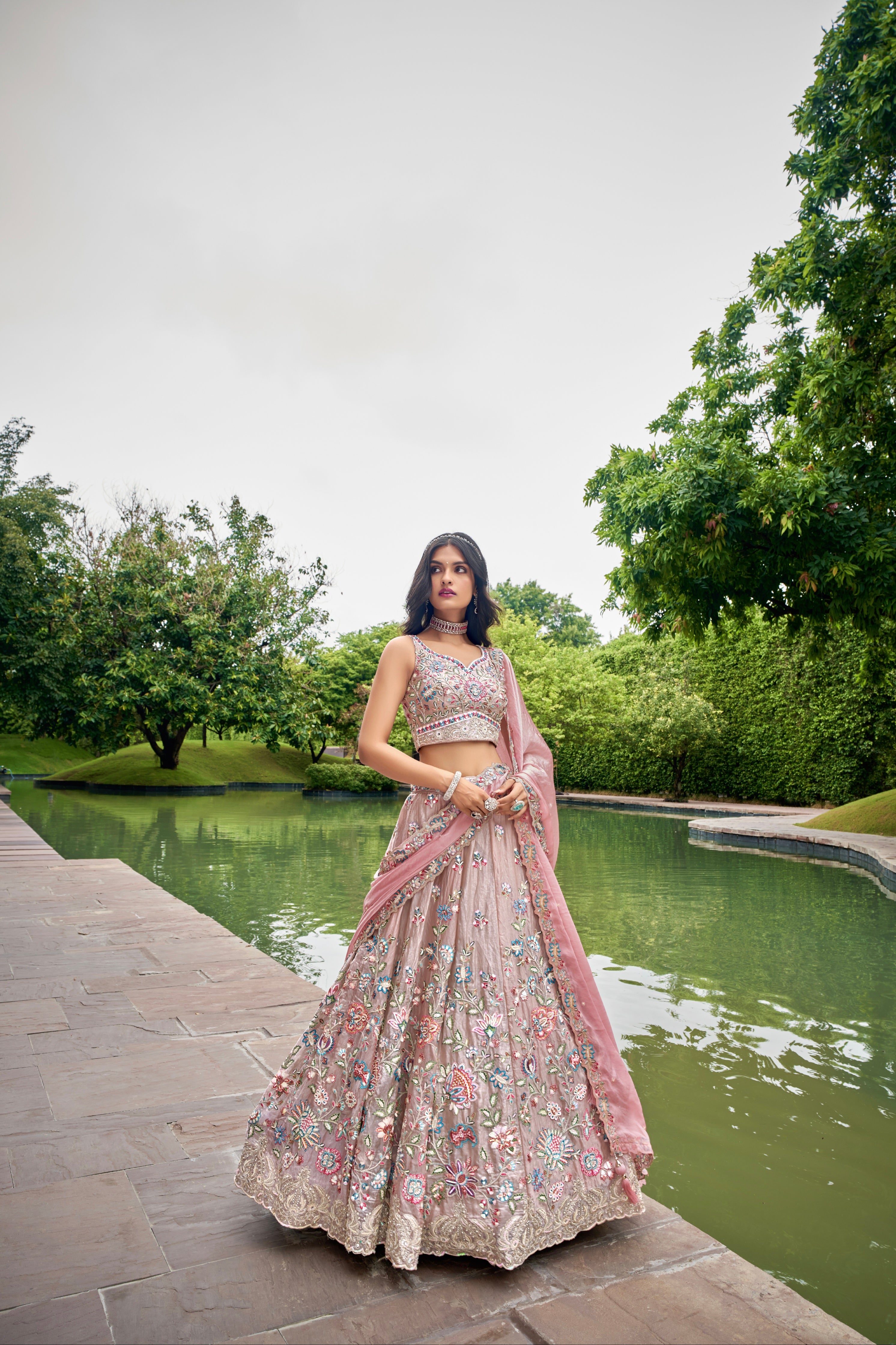 Rose Gold Organza Bridal Lehenga with Sequins Heavy Embroidery