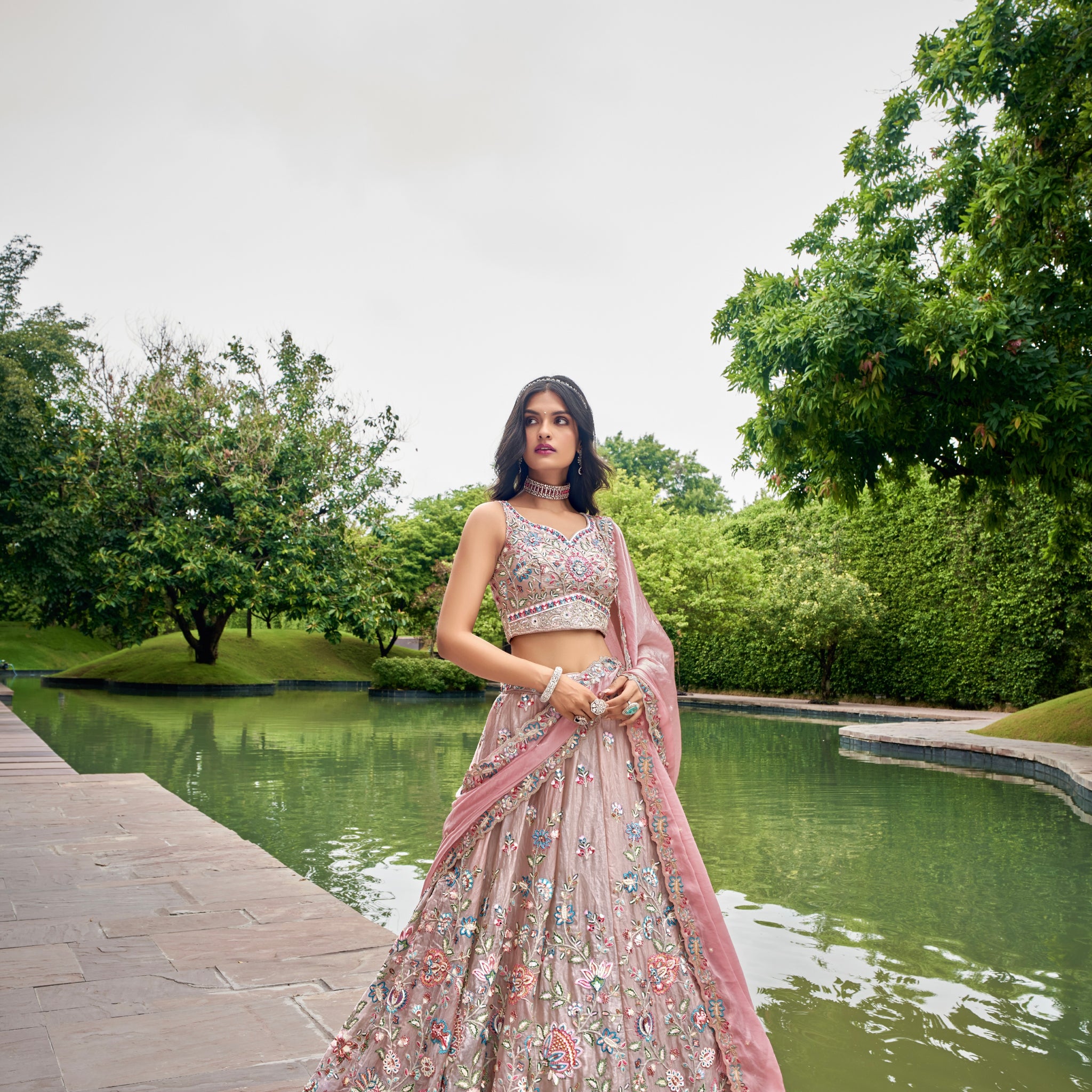 Rose Gold Organza Bridal Lehenga with Sequins & Heavy Embroidery