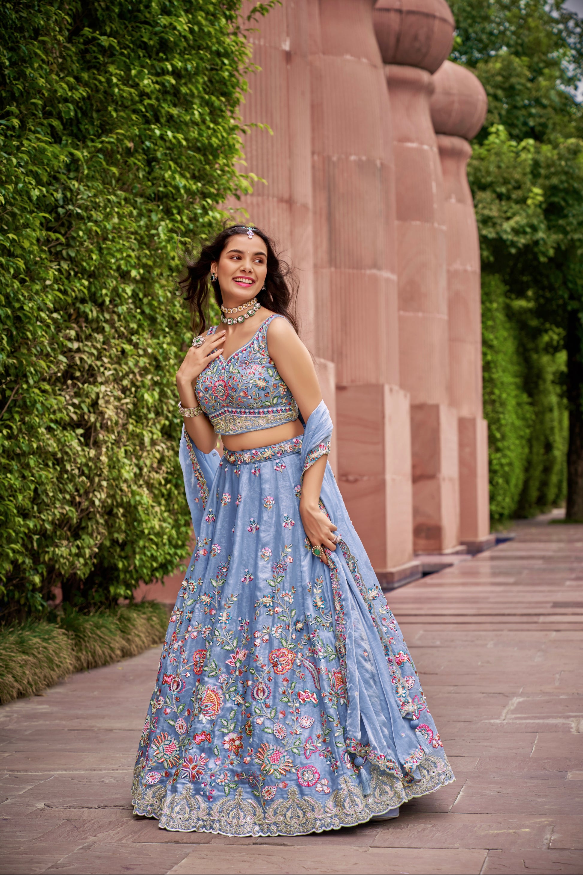 Turquoise Blue Organza Bridal Lehenga with Sequins & Heavy Embroidery