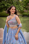 Turquoise Blue Organza Bridal Lehenga with Sequins & Heavy Embroidery