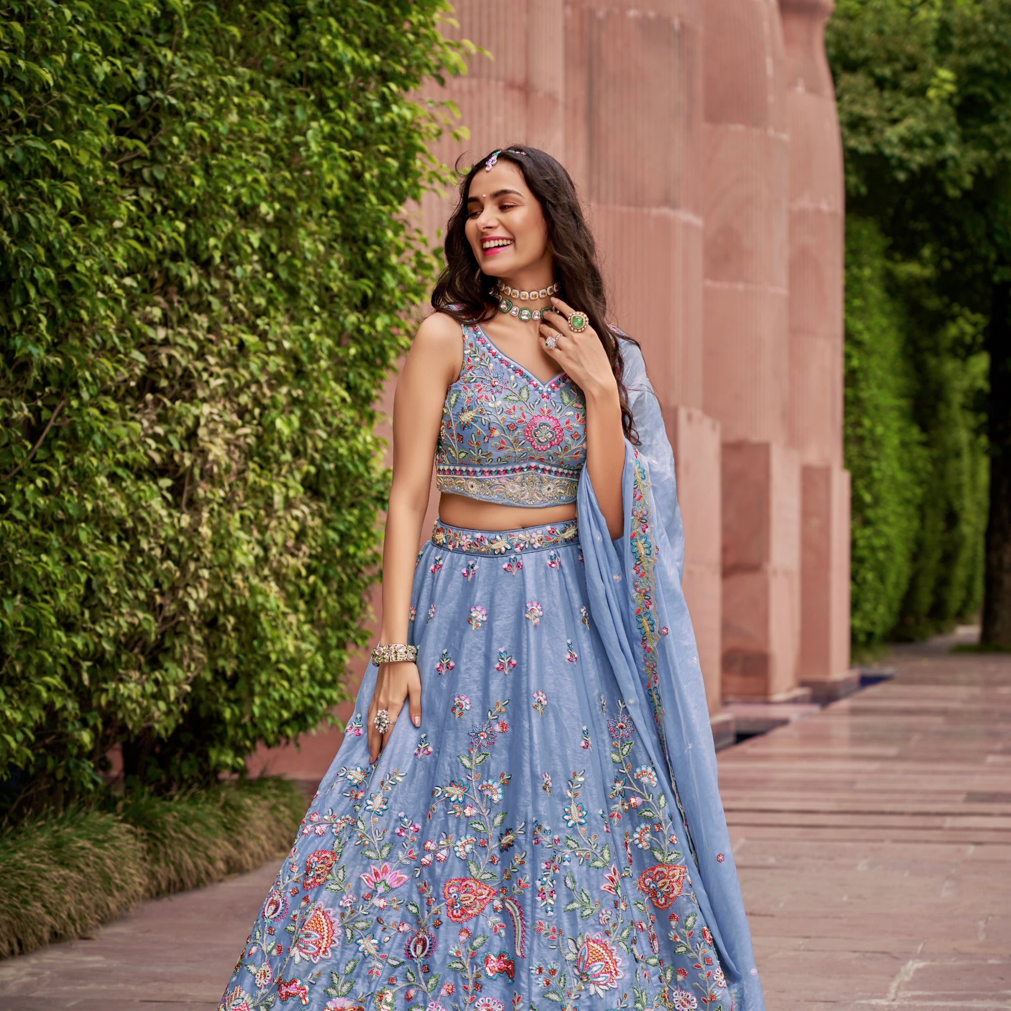 Turquoise Blue Organza Bridal Lehenga with Sequins & Heavy Embroidery