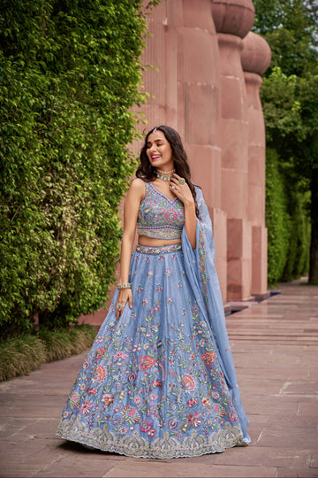 Turquoise Blue Organza Bridal Lehenga with Sequins & Heavy Embroidery