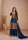 Navy Blue Real Chinon Palazzo Set with Gold Embroidery