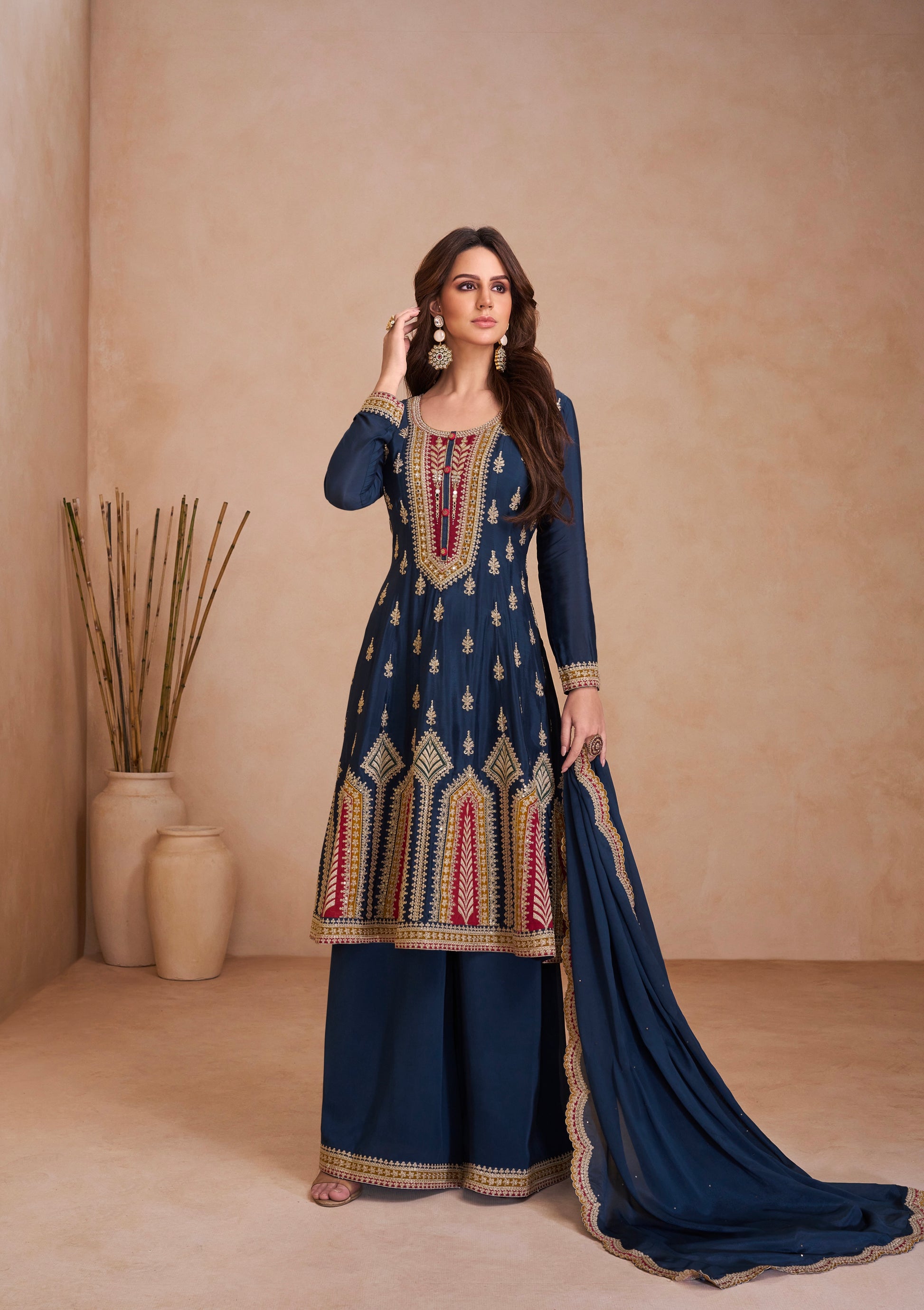 Navy Blue Real Chinon Palazzo Set with Gold Embroidery