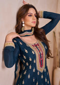 Navy Blue Real Chinon Palazzo Set with Gold Embroidery