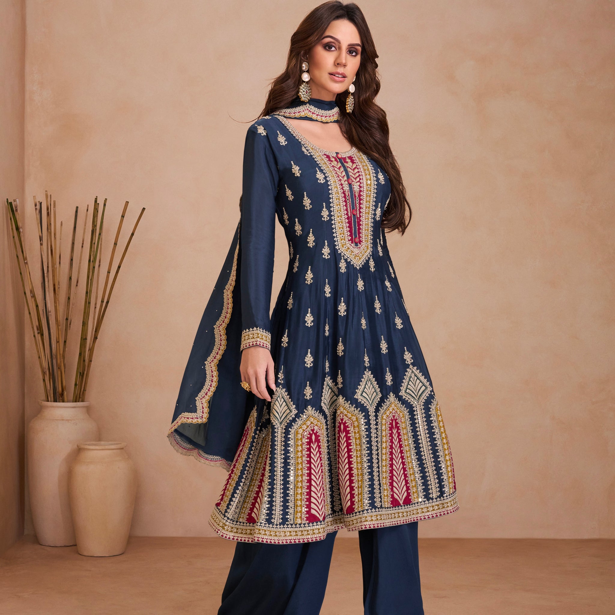 Navy Blue Real Chinon Palazzo Set with Gold Embroidery