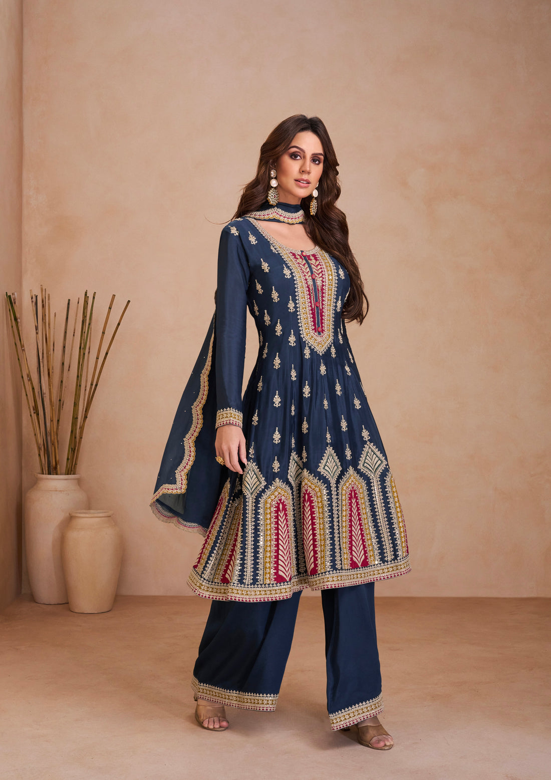 Navy Blue Real Chinon Palazzo Set with Gold Embroidery