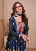 Navy Blue Real Chinon Palazzo Set with Gold Embroidery