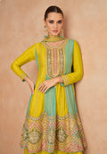 Mustard Yellow Real Chinon Embroidered Palazzo Suit