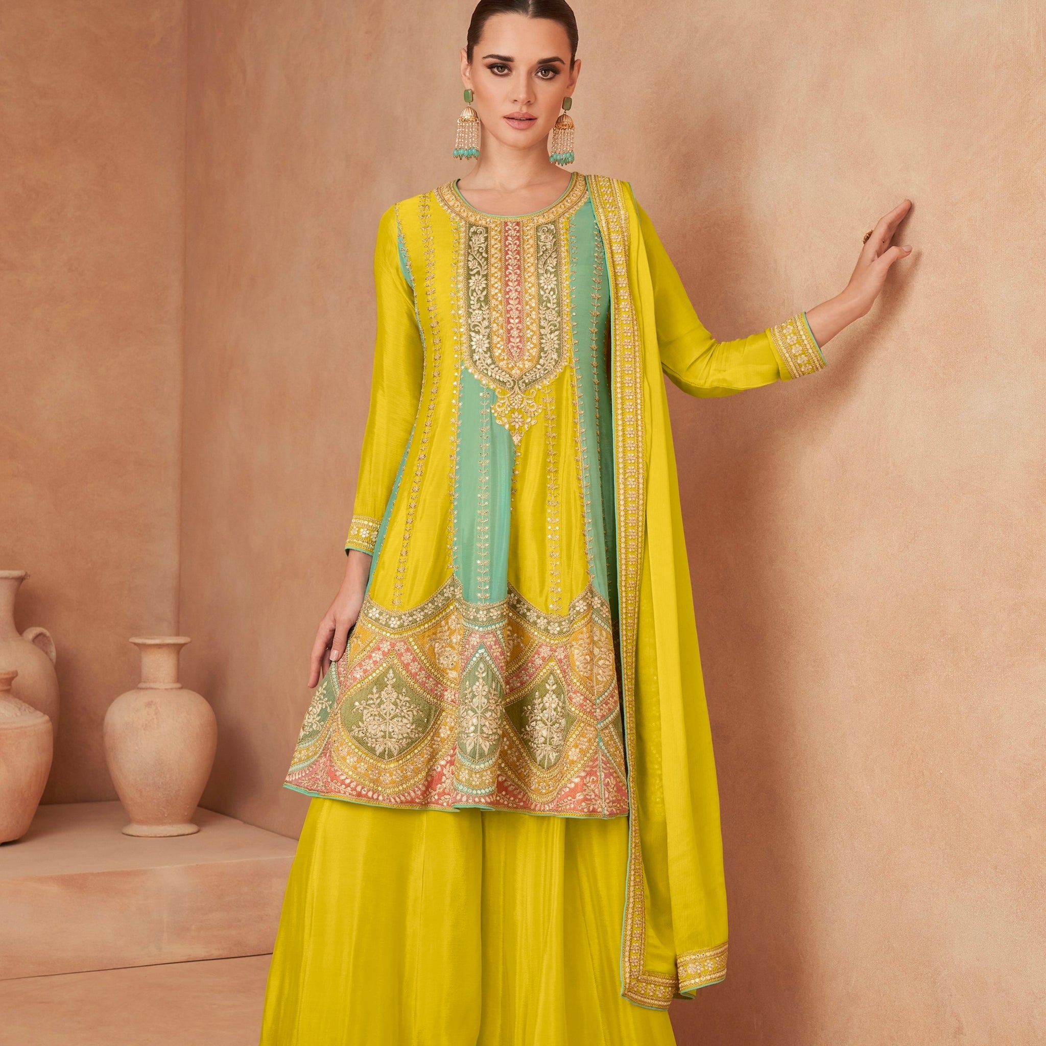 Mustard Yellow Real Chinon Embroidered Palazzo Suit