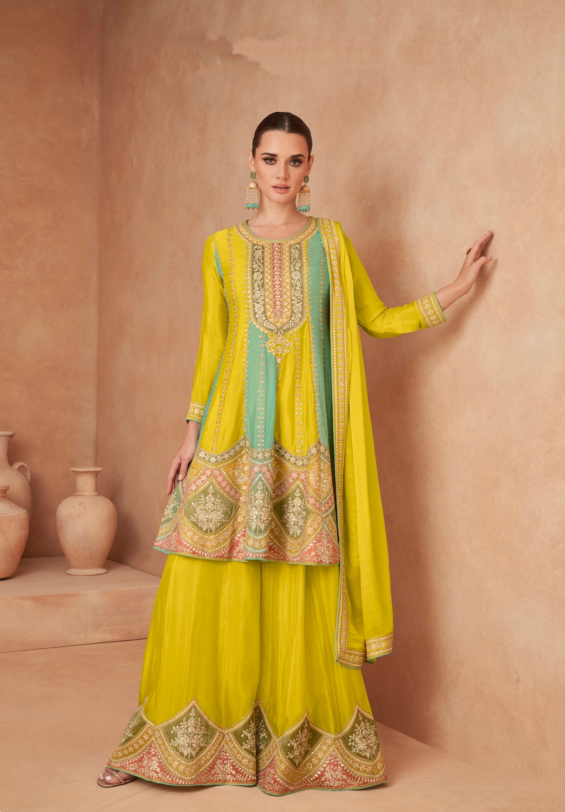 Mustard Yellow Real Chinon Embroidered Palazzo Suit