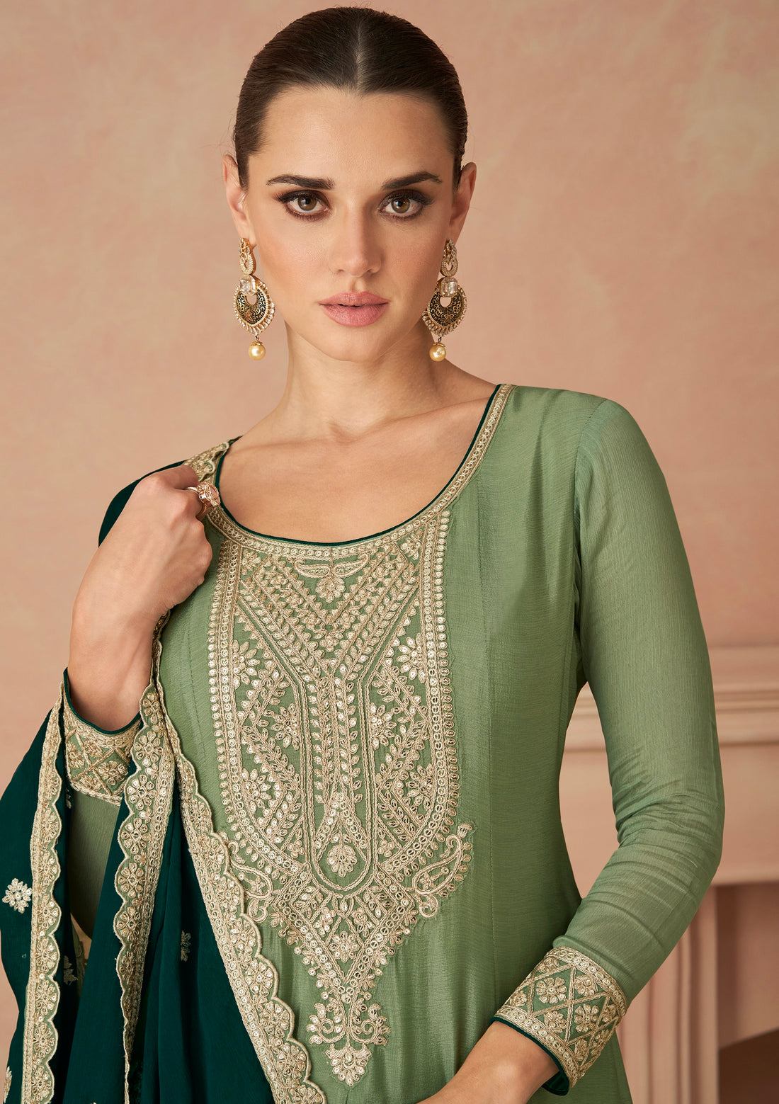 Olive Green Real Chinon Palazzo Suit with Intricate Embroidery