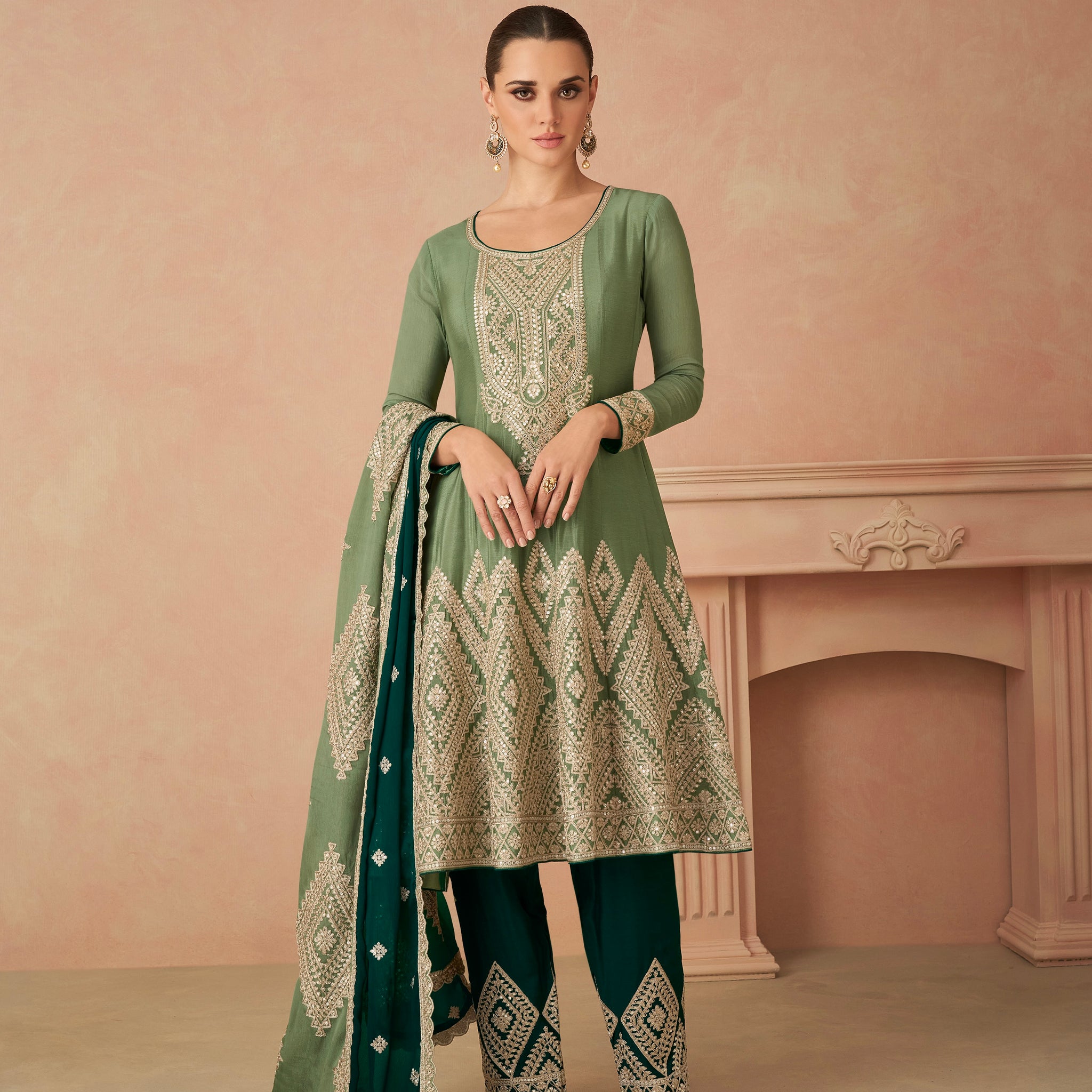 Olive Green Real Chinon Palazzo Suit with Intricate Embroidery