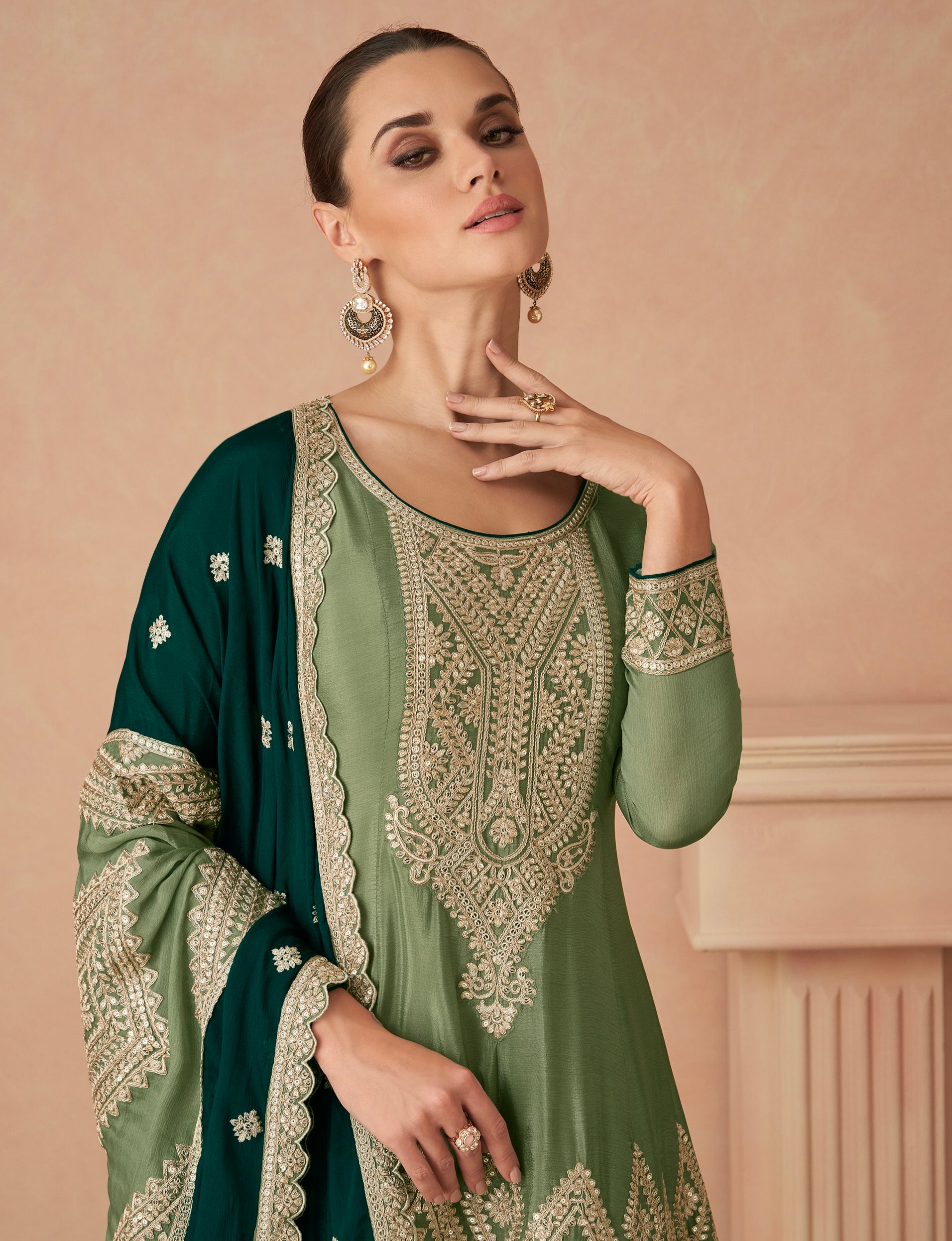 Olive Green Real Chinon Palazzo Suit with Intricate Embroidery