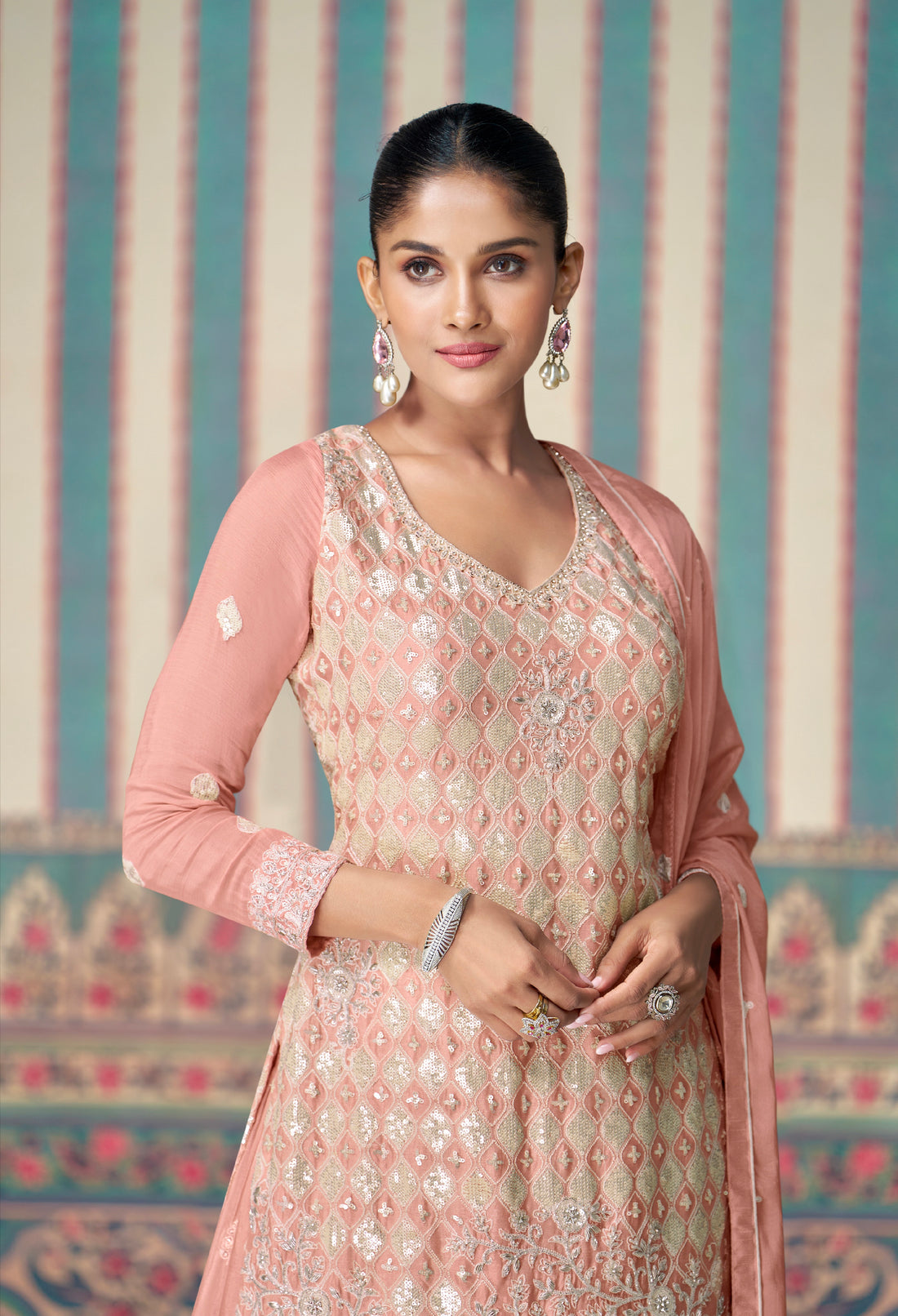 Blush Pink Premium Chinon Silk Embroidered Sharara Set with Dupatta