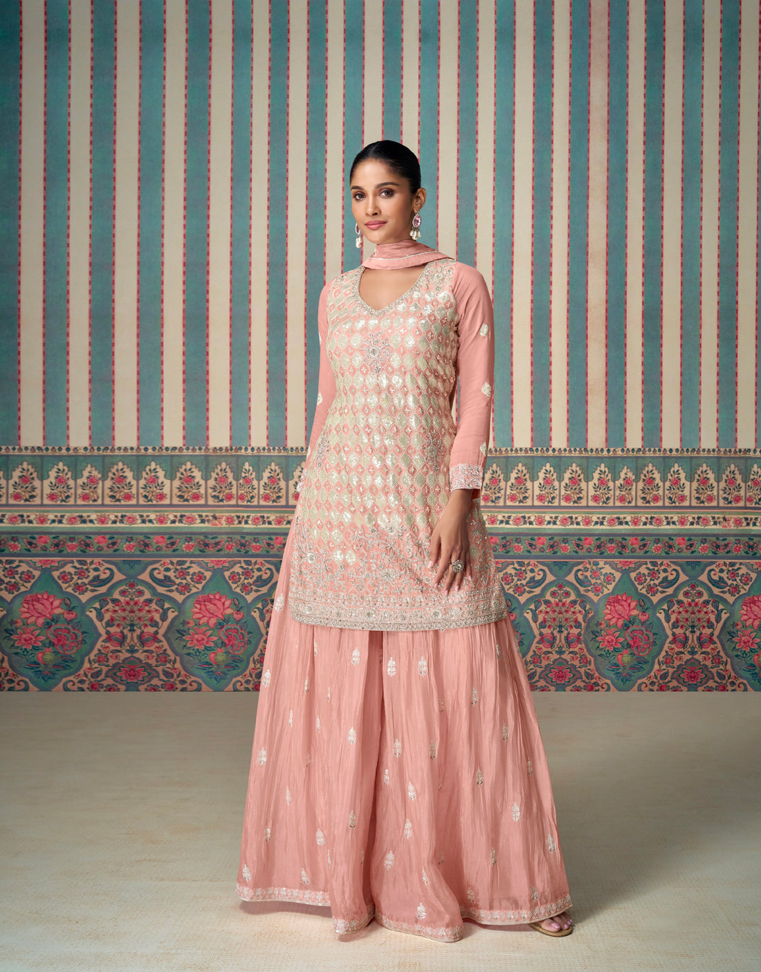 Blush Pink Premium Chinon Silk Embroidered Sharara Set with Dupatta