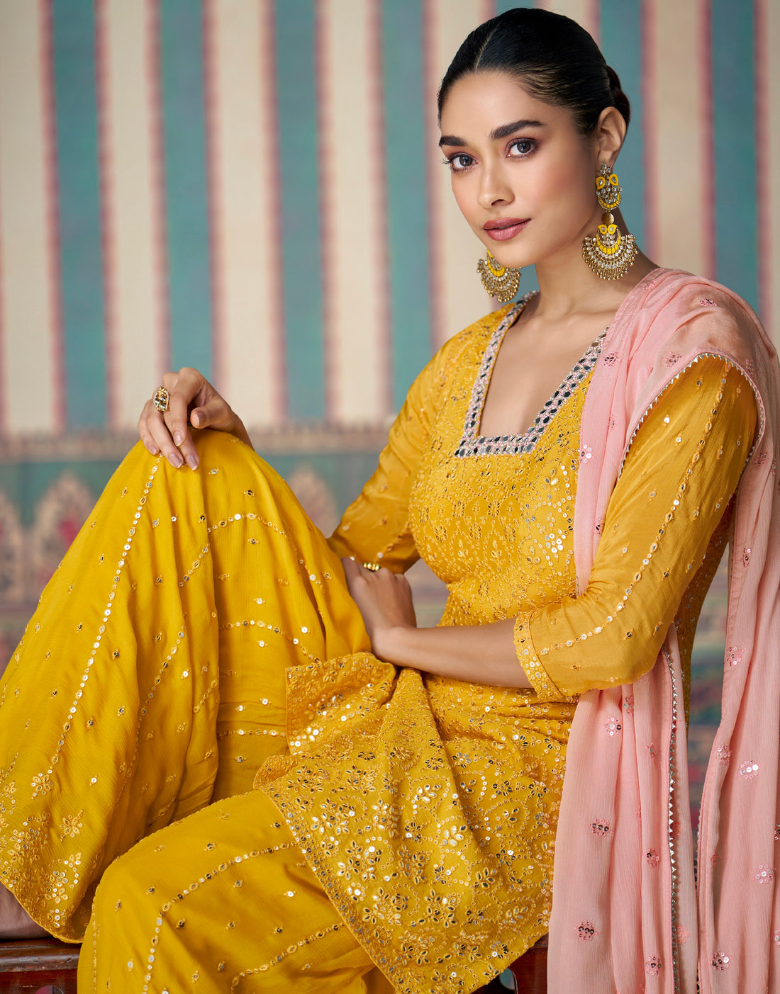 Mustard Yellow Premium Chinon Silk Embroidered Sharara Set