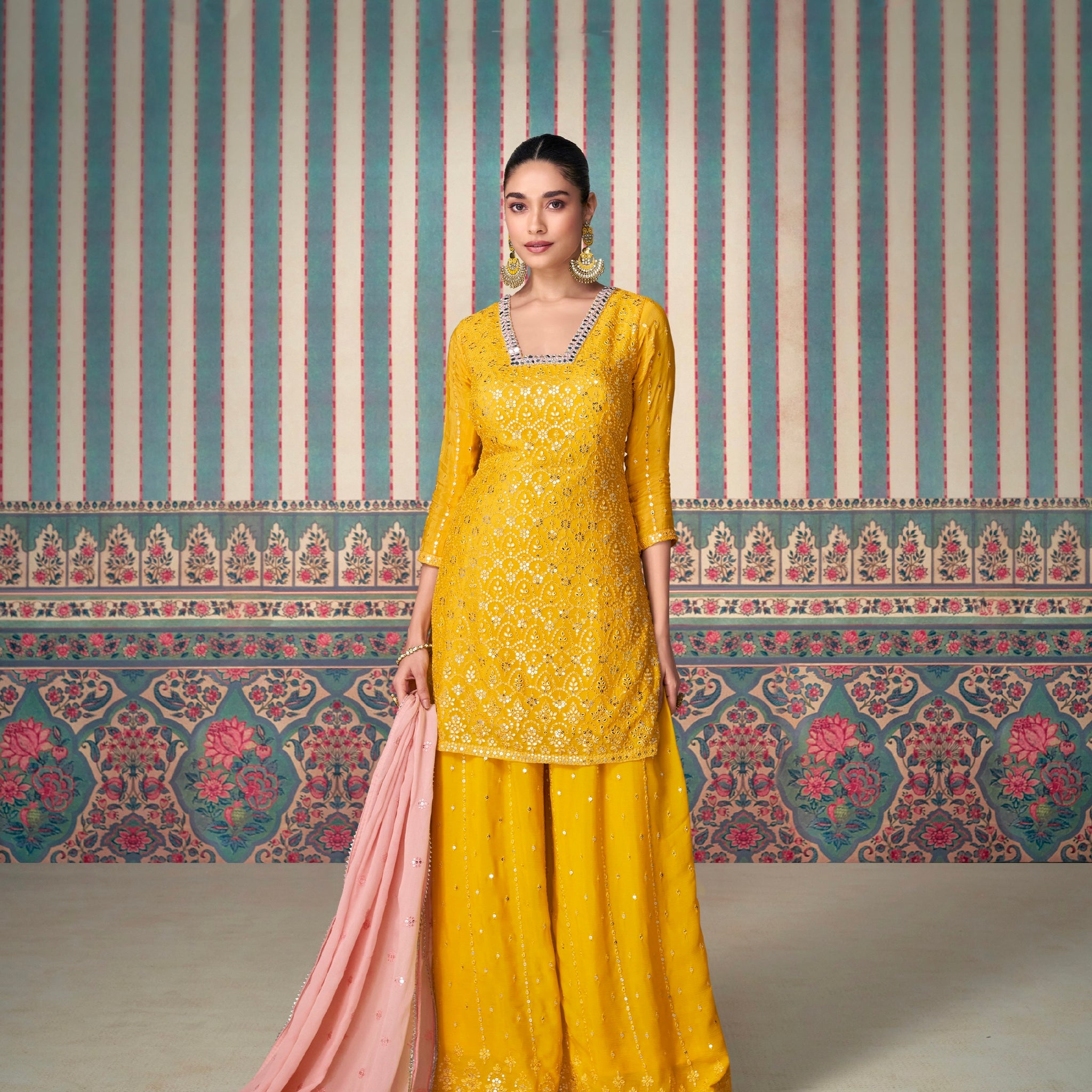 Mustard Yellow Premium Chinon Silk Embroidered Sharara Set