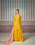 Mustard Yellow Premium Chinon Silk Embroidered Sharara Set