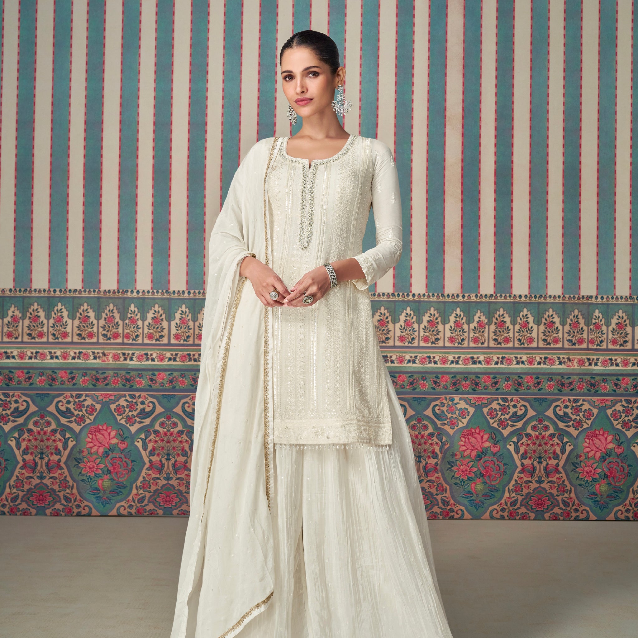 Off-White Premium Chinon Silk Embroidered Sharara Set