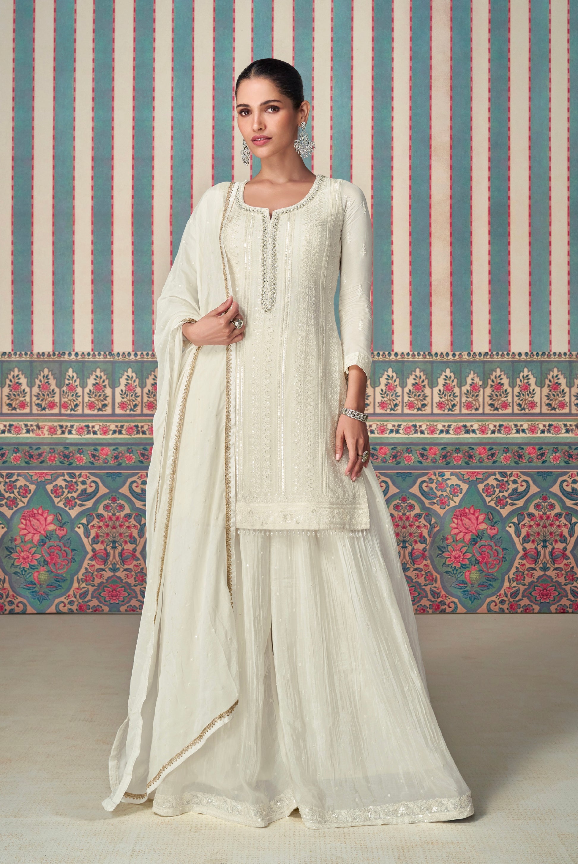 Off-White Premium Chinon Silk Embroidered Sharara Set