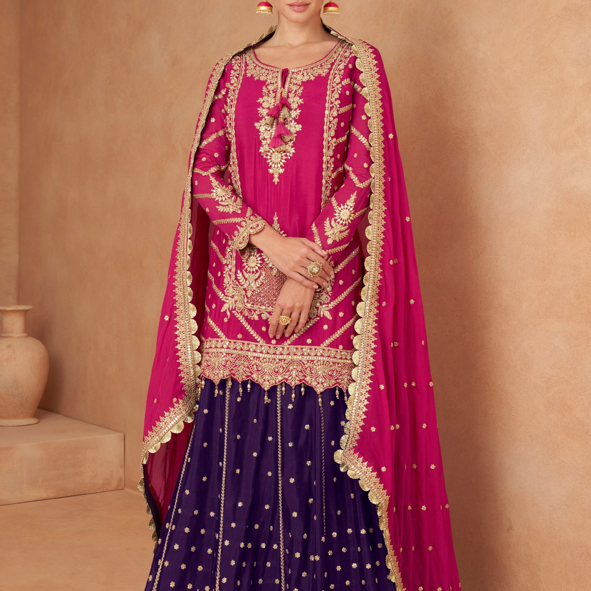 Magenta and Navy Blue Embroidered Chinon Sharara with Mirror Work