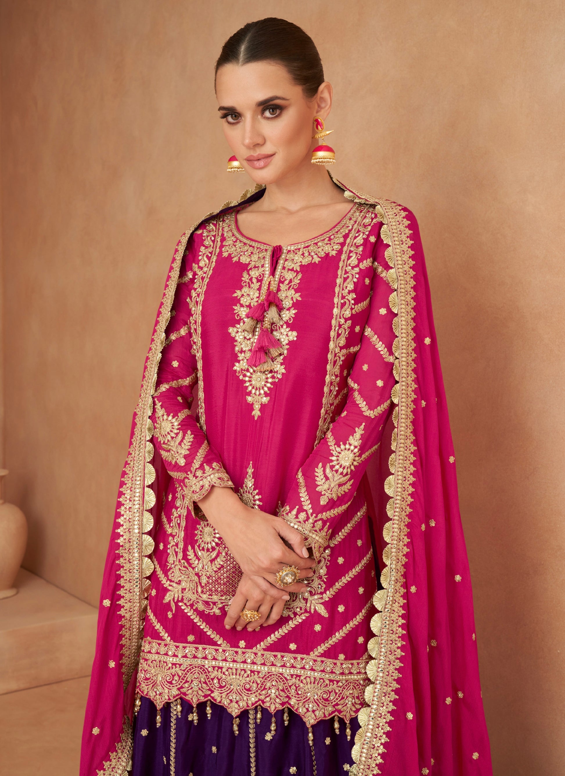 Magenta and Navy Blue Embroidered Chinon Sharara with Mirror Work