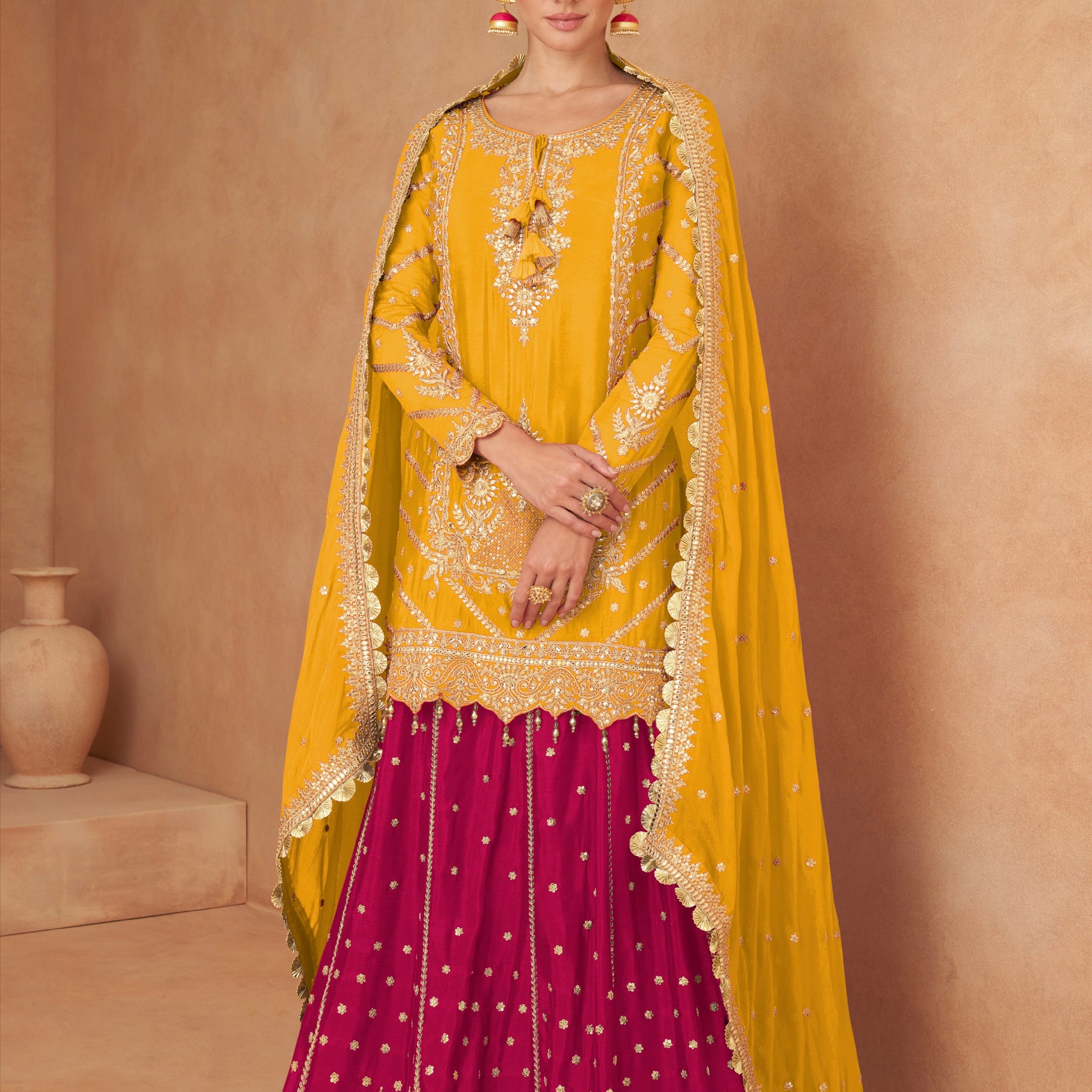 Bright Yellow & Magenta Chinon Sharara Set with Intricate Mirror Work