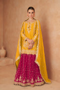 Bright Yellow & Magenta Chinon Sharara Set with Intricate Mirror Work