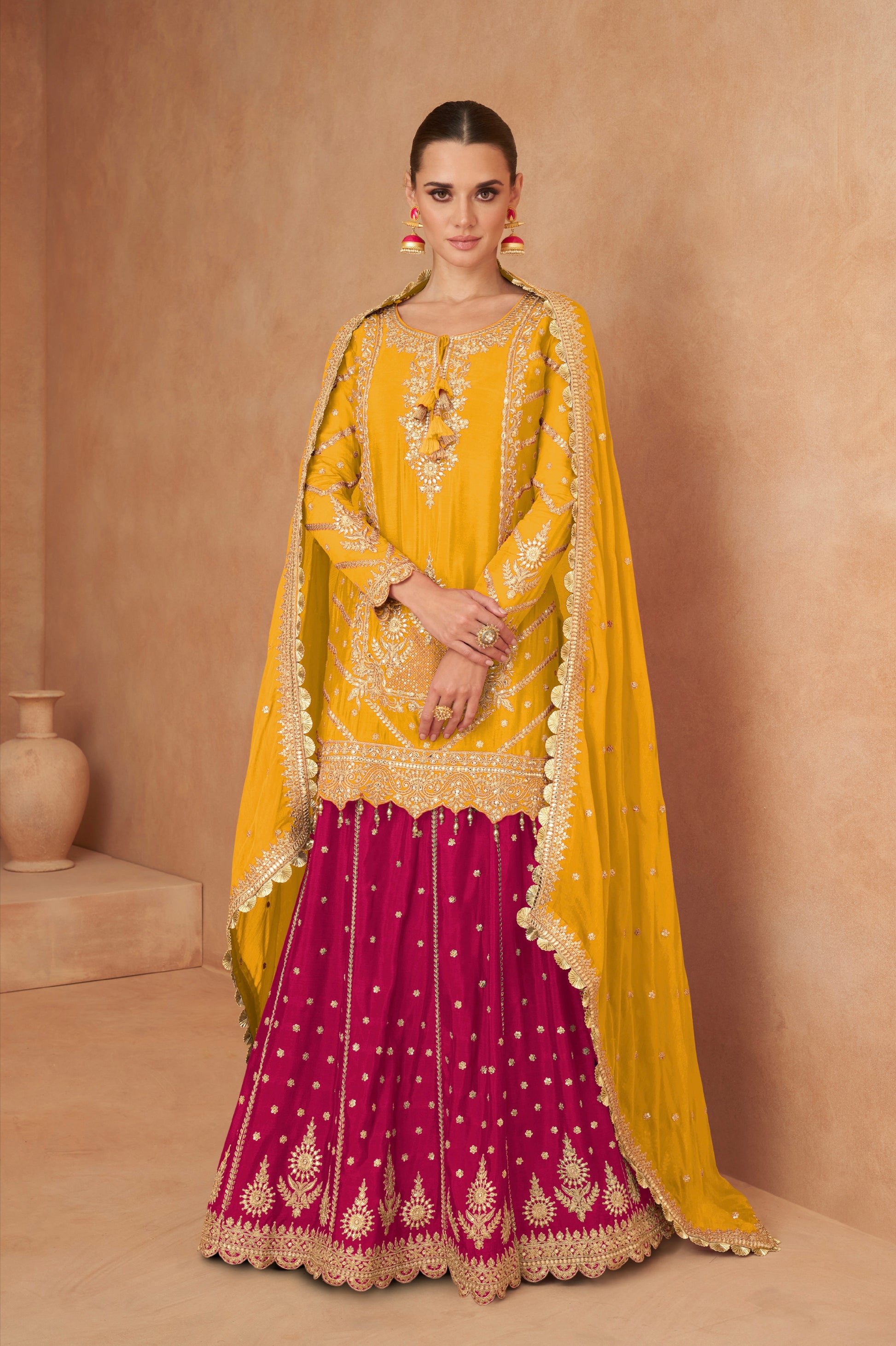 Bright Yellow & Magenta Chinon Sharara Set with Intricate Mirror Work