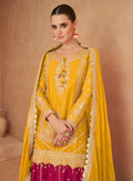 Bright Yellow & Magenta Chinon Sharara Set with Intricate Mirror Work