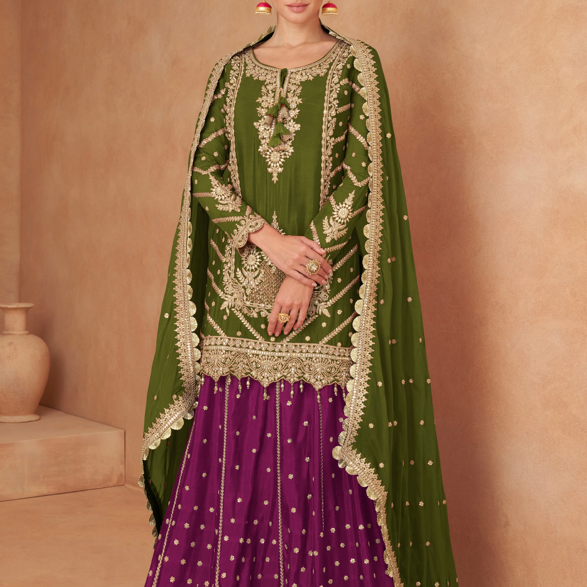 Olive Green and Purple Mirror Work Chinon Sharara Set