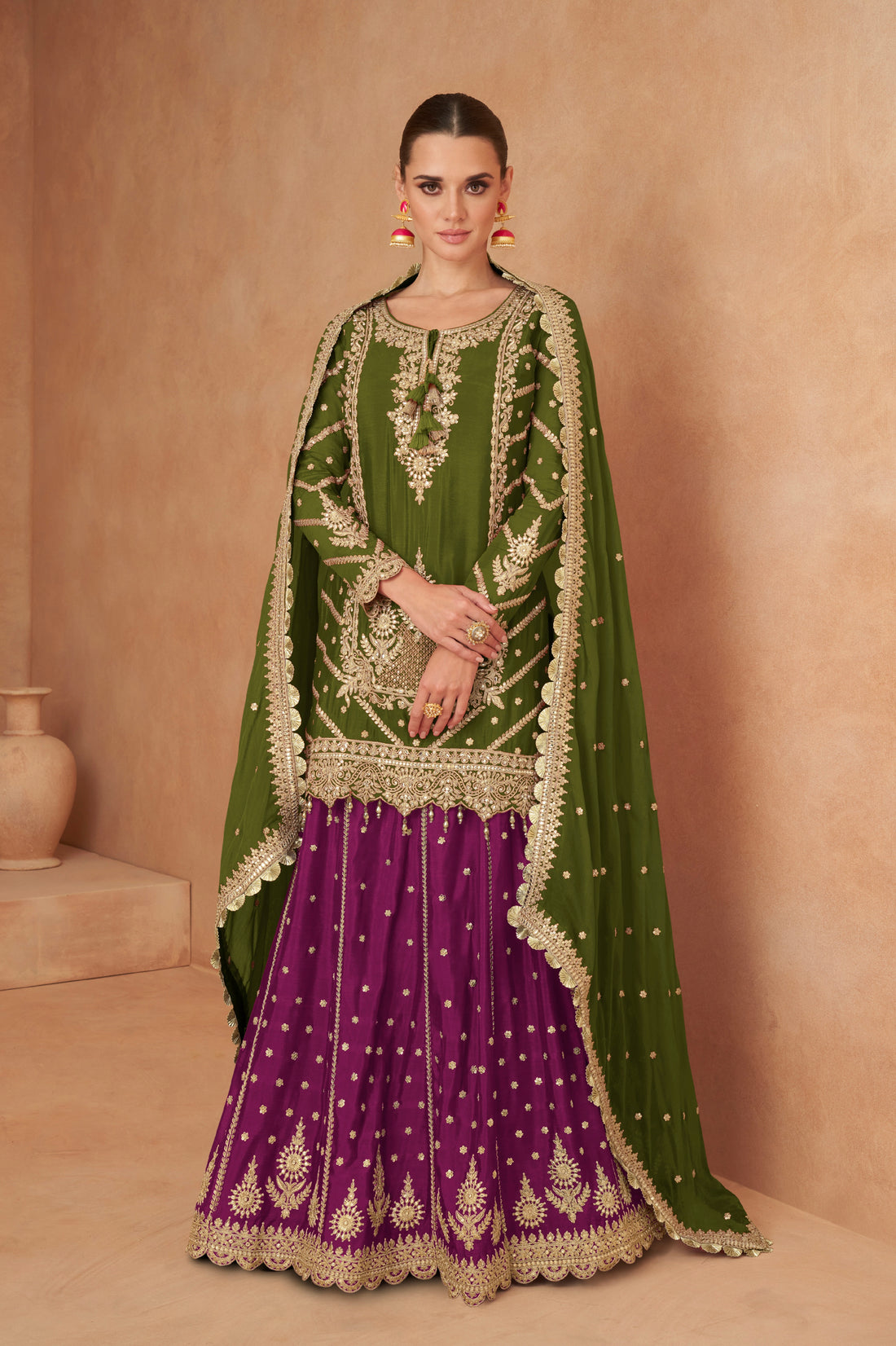 Olive Green and Purple Mirror Work Chinon Sharara Set