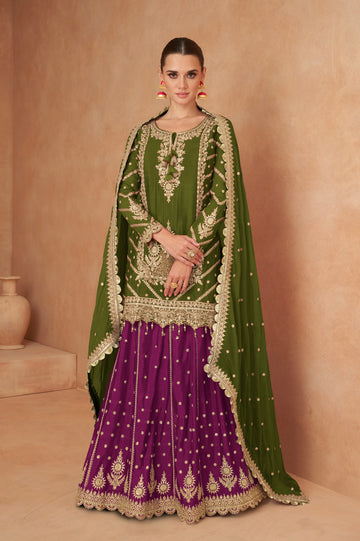 Olive Green and Purple Mirror Work Chinon Sharara Set